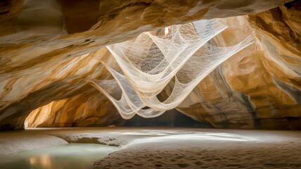A dramatic interior photograph of a natural cave with an ethereal white sculptural installation stretching across its ceiling.