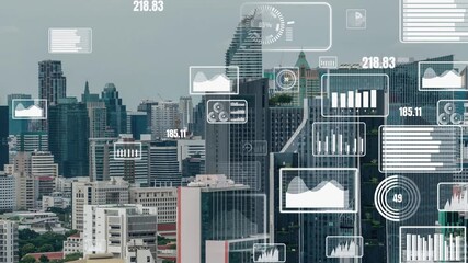 Business data analytic interface fly over smart city showing alteration future of business intelligence. Computer software and artificial intelligence are used to analyze big data for strategic plan . - Powered by Adobe