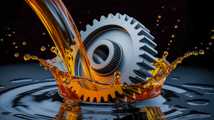 A dramatic product photography shot of a metallic gray gear wheel with a dynamic water splash effect