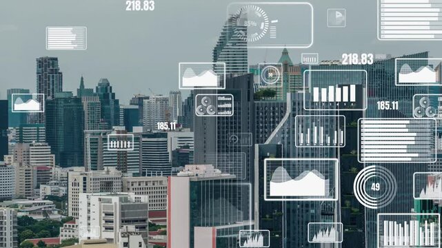 Business data analytic interface fly over smart city showing alteration future of business intelligence. Computer software and artificial intelligence are used to analyze big data for strategic plan . - Powered by Adobe
