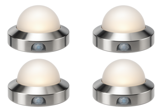 Motion-sensor ground lights with a dome-shaped cover, useful for security and visibility along the entrance path of a house.
