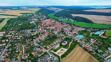 Aerial view of the old town Nebra in Germany on a sunny afternoon in spring	

