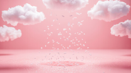 A dreamy, ethereal background image with a soft pink gradient sky and fluffy white clouds. The clouds are realistic and cotton-candy like, scattered across the top portion of the image