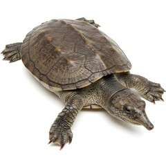 A close-up view of a Smooth Softshell Turtle showcases its unique, streamlined form, capturing its natural features.