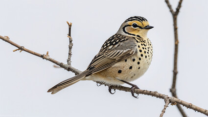 Fototapeta premium Lark bunting bird perched on a branch against a white sky