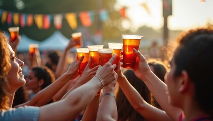 Group friends raise plastic cups in a toast. People cheer, celebrate music festival, enjoying drinks. Friendship, fun times, outdoor event, positive mood, alcoholic beverages.