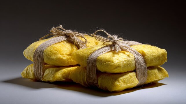 Wrapped golden parcels tied with string on dark background for gift delivery packaging and rustic shipping photography