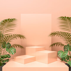 A minimalist product photography setup with a peachy-pink background and three square podiums of varying heights arranged in a stepped formation.