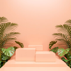 A minimalist product photography setup with a peachy-pink background and three square podiums of varying heights arranged in a stepped formation.