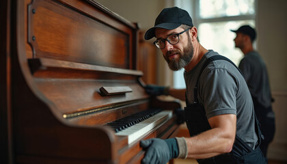 Movers wearing work gloves lifting antique piano. Team moves wooden musical instrument to new home. Men wearing caps and glasses. Pro relocation, delivery service. Heavy object transportation.