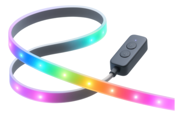 Smart light strip with music sync feature, intended for a TV area in a small home, able to pulse and change colors in time with played music.