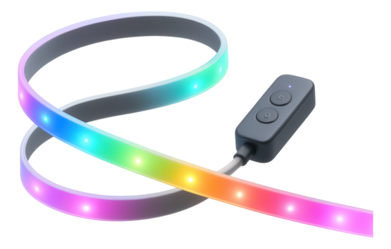 Smart light strip with music sync feature, intended for a TV area in a small home, able to pulse and change colors in time with played music.