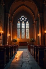Fototapeta premium Serene Church Interior Soft Candlelight Illuminates Ancient Stone and Stained Glass, Creating a Peaceful Atmosphere Perfect for Meditation and Spiritual Reflection