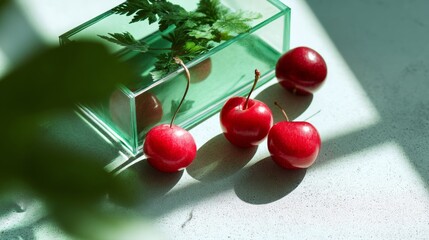 Three red cherries with stem casting shadow on white surface for minimalist fruit photography and healthy nutrition visual