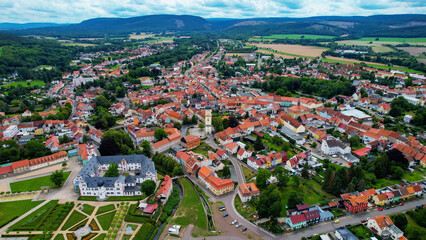 Aerial view of the old town Ohrdruf in Germany on a sunny afternoon in spring

