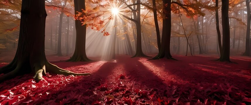 Rustic autumn forest floor covered in deep red oak leaves with soft filtered sunlight rays