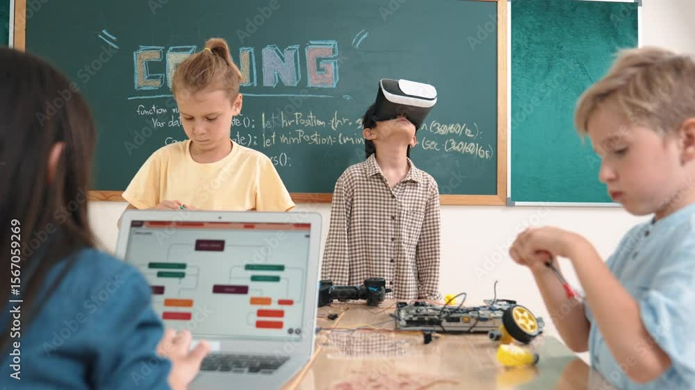 Poster energetic child wearing vr headset while enter virtual world at classroom. student programing system