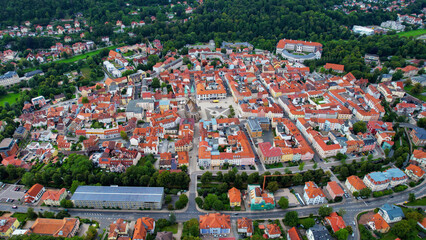 Aerial view of the old town Meiningen in Germany on a sunny afternoon in spring

