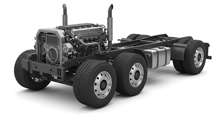 A detailed black and white 3D rendering of a heavy-duty truck chassis, isolated on a white background