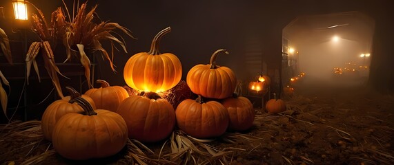 Rustic autumn harvest with golden ears of corn and bright orange pumpkins stacked decoratively