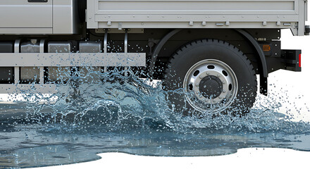 A dynamic close-up shot captures the rear wheel of a commercial truck driving through a large puddle, 