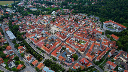 Aerial view of the old town Meiningen in Germany on a sunny afternoon in spring

