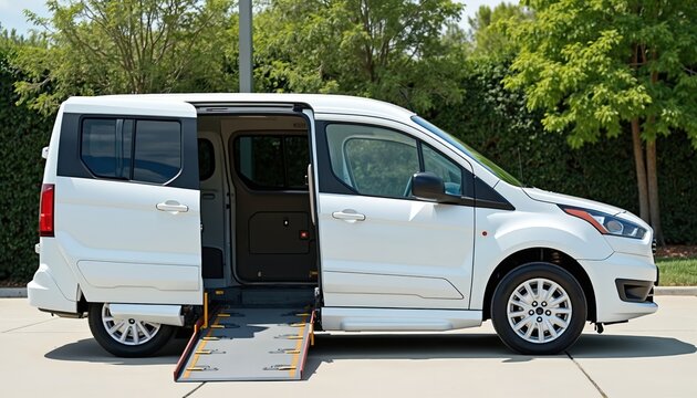 White van with wheelchair ramp open on sunny day. Accessible transportation, urban mobility concept, aid for people with disabilities. Transport for disabled persons, elderly. Inclusive, support,