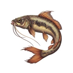 A detailed illustration of a majestic carp gracefully curving its body. With exquisite detail, the artwork captures the beauty of aquatic life and showcases the carp's unique features.