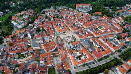 Aerial view of the old town Meiningen in Germany on a sunny afternoon in spring

