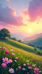 Pastel Sunrise over Rolling Hills and Wildflowers Peaceful Easter Background