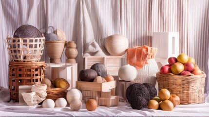 Rustic market still life with woven baskets and organic produce fruits arranged under soft curtain light setup