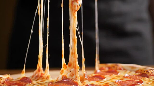 A perfect, long "cheese pull" as a slice of pizza is lifted from the whole pie.