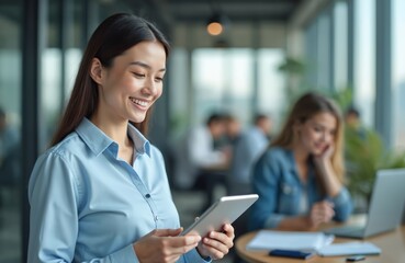 Obraz premium Happy businesswoman works on tablet. Smiling female office employee uses tech. Young business pro at work. Businesswoman in modern office, tech use, project planning.