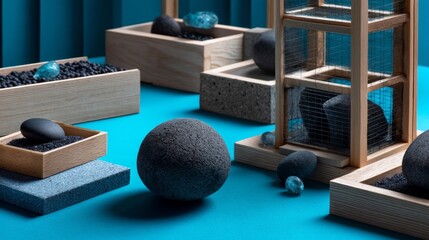 Luxury spa scene with dark stones and soap in blue themed composition for wellness product branding photography
