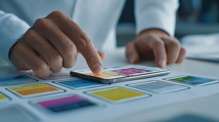 Graphic designer working at desk with color palettes, computer screen showing design software, and writing tools, indoors during the daytime, professional office