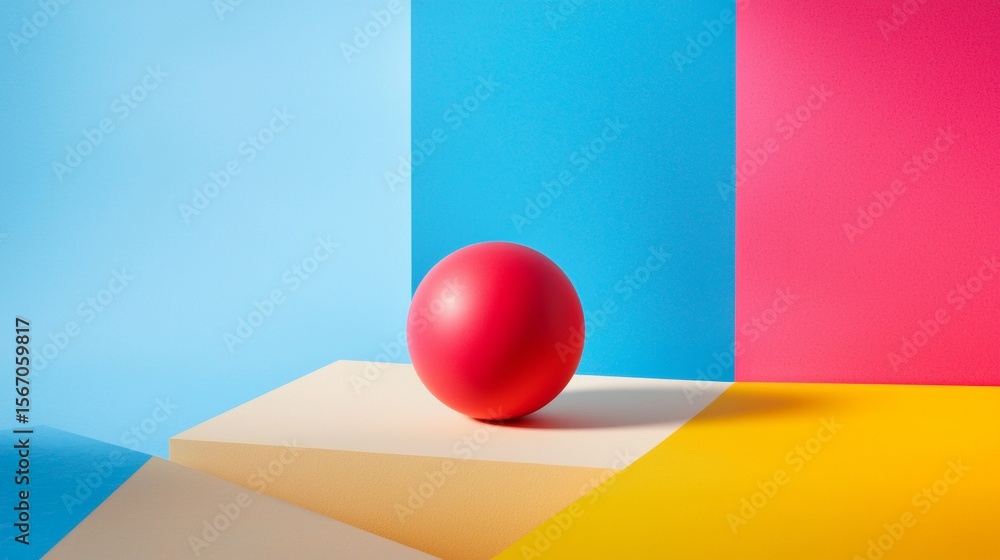 Poster red sphere on modern geometric blocks background for abstract visual concept and minimalist design p