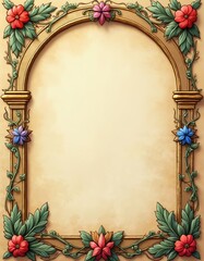 Elegant ornate medieval border illustration. Decorative floral design, arch, colorful flowers. Perfect for scrapbooking, wedding invites, stationery card design. Vintage style for invitations,