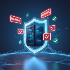 Server security shield with warning and hacking alerts and checkmarks