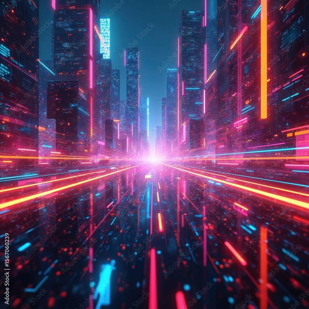 Poster digital cityscape with vibrant neon colors, glowing lights. futuristic urban environment interconnec