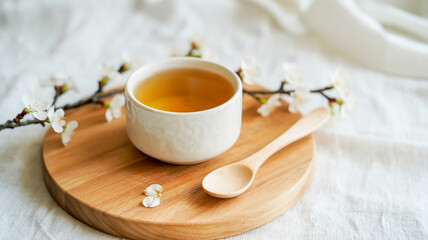 A serene still life photograph of a white ceramic teacup filled with light brown tea, positioned on a round natural wooden cutting board