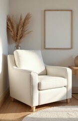 Cozy living room interior design in minimalist contemporary style. White armchair with pillow, pampas grass in vase. Wooden floor. Blank frame on wall. Home decor. Sunlight.