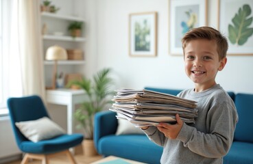 Smiling boy holding heap paper magazines in living room. Child promoting eco-friendly lifestyle. Recycling, sorting waste, sustainable living concept. Happy preteen with magazines at home.
