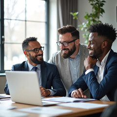 Three diverse businessmen collaborate, analyze business plan on laptop in office. Smiling faces, teamwork, project management. Partnership, advisor discussion, business idea online, tech solutions