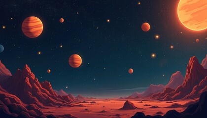 Fototapeta premium Planetary space scene with planets stars. Night sky view with orange planets in cosmic nebula galaxy. Illustration background for web design and covers.