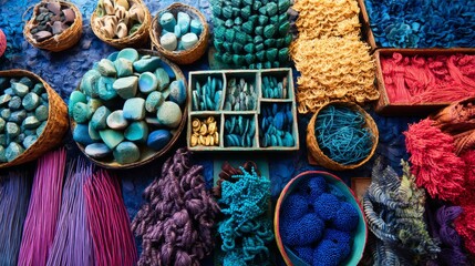 Colorful yarns beads and handmade textiles in market stall for artisanal craft photography vibrant design composition