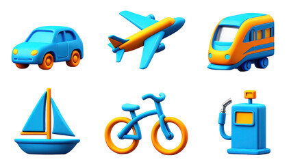 Blue and Orange Transportation Icons Set 3 D Render Isolated on White Background PNG Transparent Cutout Clipping Path Social Media