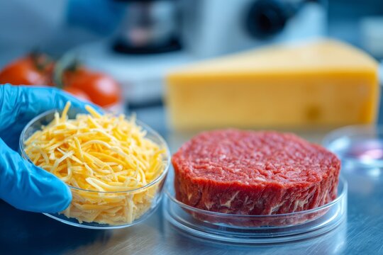 A meat sample is held in a plastic cell culture dish by a gloved hand in a cutting-edge laboratory or production facility, illustrating the concept of clean cell-based meat produced by culturing