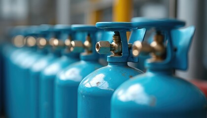 Blue compressed gas cylinders in row. Industrial and medical gases for oxygen, nitrogen, carbon dioxide, hydrogen. Welding, healthcare, pressure, safety equipment. Close-up shows valves.