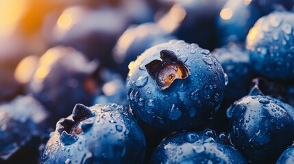 Closeup of fresh blueberries with water droplets in soft blue light for fruit nutrition macro photography theme
