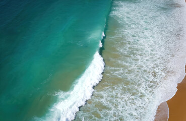 Aerial view of ocean waves in Margaret River, Western Australia. Turquoise blue water foam texture. Breaking waves at beach shore. Coastal nature landscape. Summer vacation, travel background.